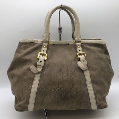Prada Tote Handbag Shoulder Bag 2way Jacquard Logo Canvas Beige Leather Ladies