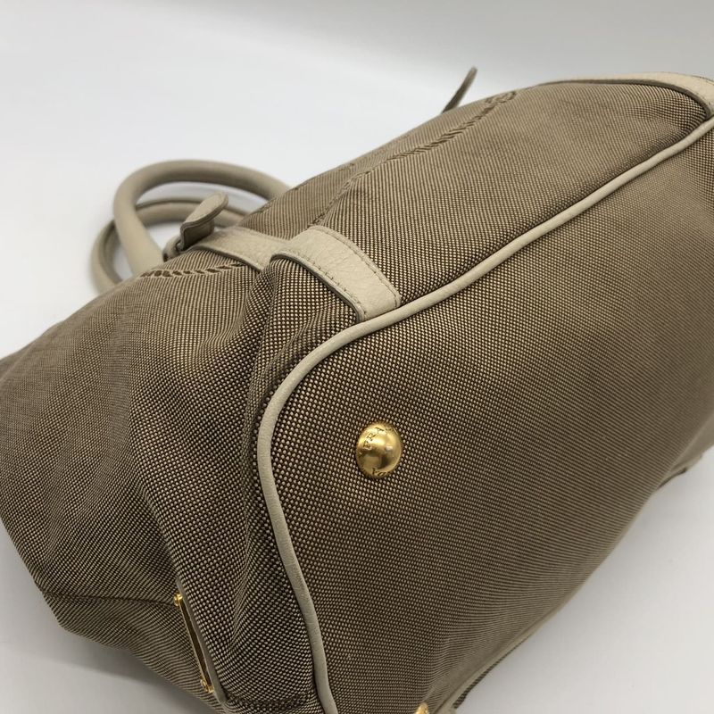 Prada Tote Handbag Shoulder Bag 2way Jacquard Logo Canvas Beige Leather Ladies