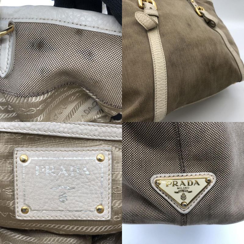 Prada Tote Handbag Shoulder Bag 2way Jacquard Logo Canvas Beige Leather Ladies