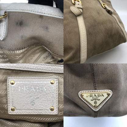 Prada Tote Handbag Shoulder Bag 2way Jacquard Logo Canvas Beige Leather Ladies