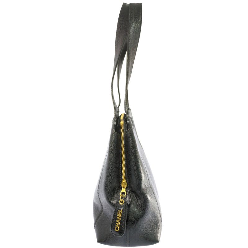 Chanel Logo Embroidery Caviar Skin Gold Hardware Handbag Tote Bag / Black /