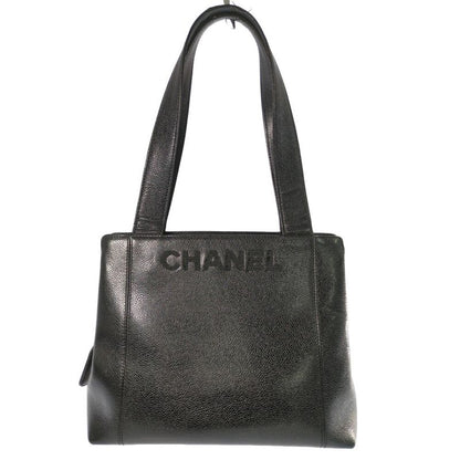 Chanel Logo Embroidery Caviar Skin Gold Hardware Handbag Tote Bag / Black /