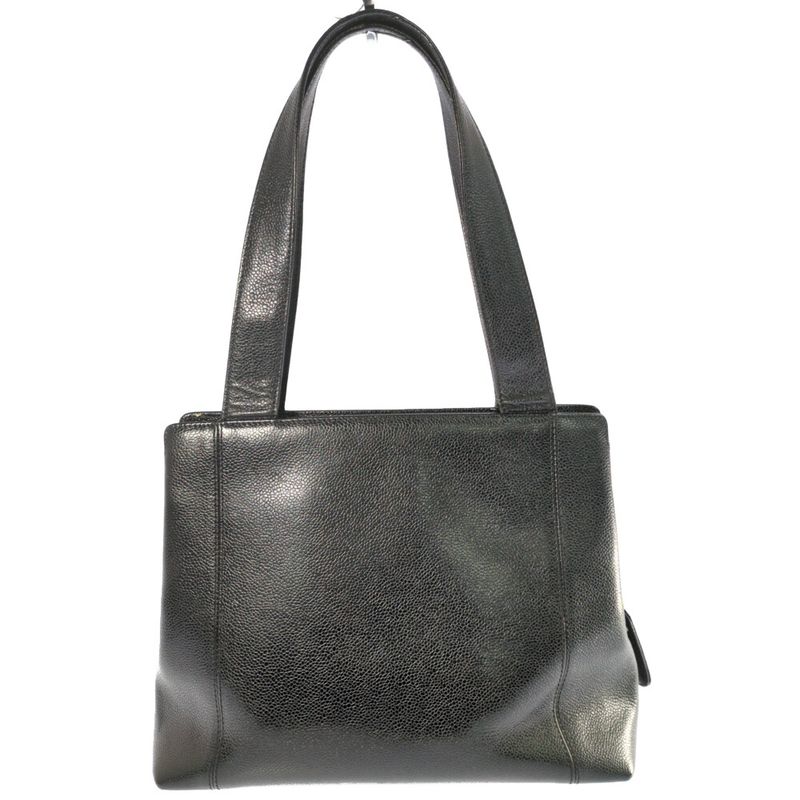 Chanel Logo Embroidery Caviar Skin Gold Hardware Handbag Tote Bag / Black /