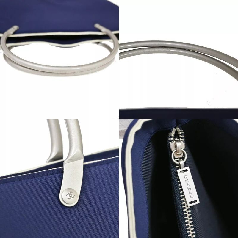 Chanel Handbag CC Coco Mark Polyester Silver Navy 35bs017