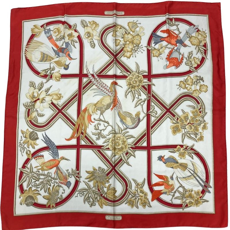 Hermes Carre 90 Caraibes Caribe Bird Scarf Silk Red Carre 90 Women