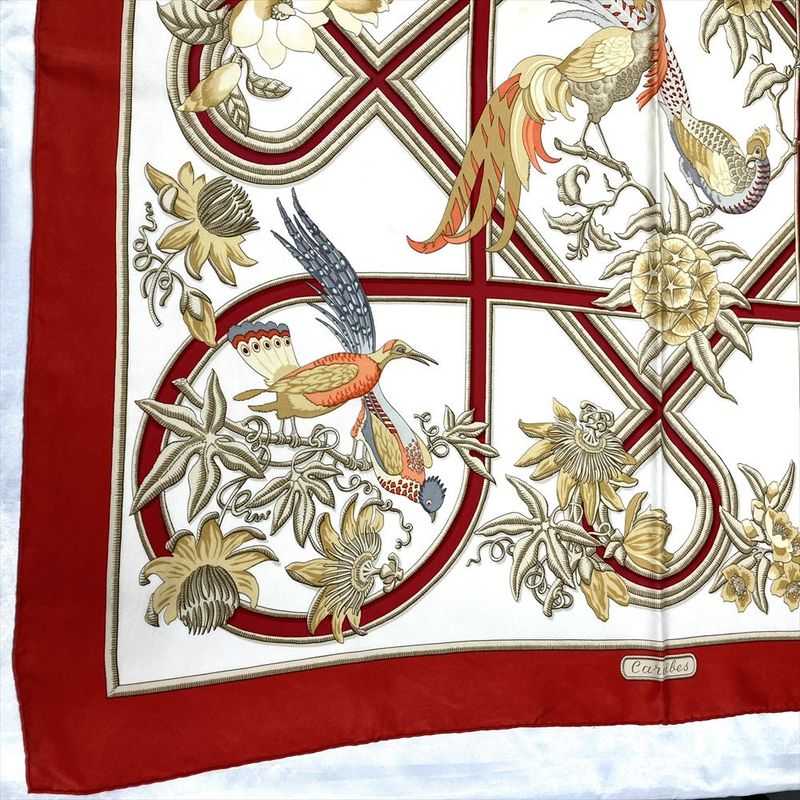 Hermes Carre 90 Caraibes Caribe Bird Scarf Silk Red Carre 90 Women