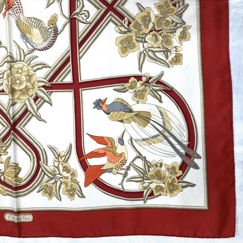 Hermes Carre 90 Caraibes Caribe Bird Scarf Silk Red Carre 90 Women