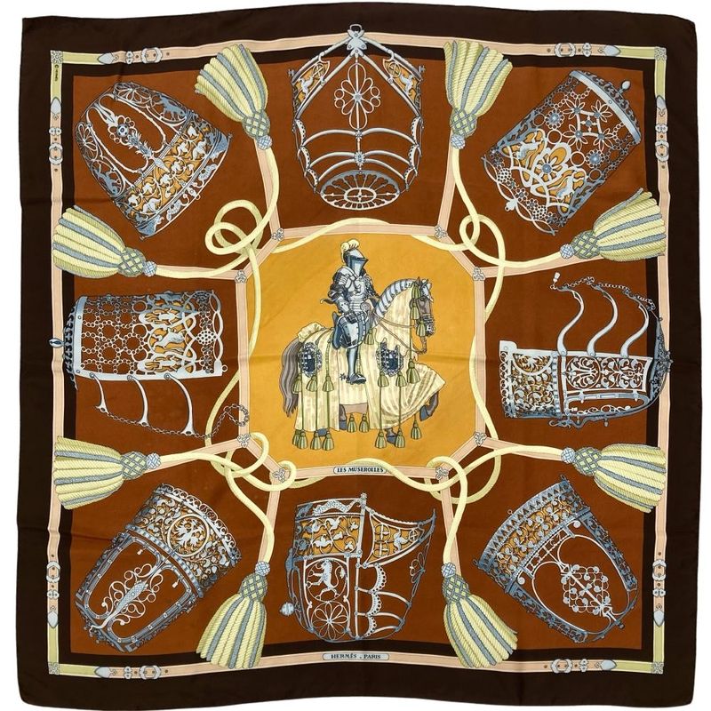 Hermes Carre 90 LES Muserolles Nose Leather Scarf Silk Brown Ladies