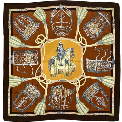 Hermes Carre 90 LES Muserolles Nose Leather Scarf Silk Brown Ladies