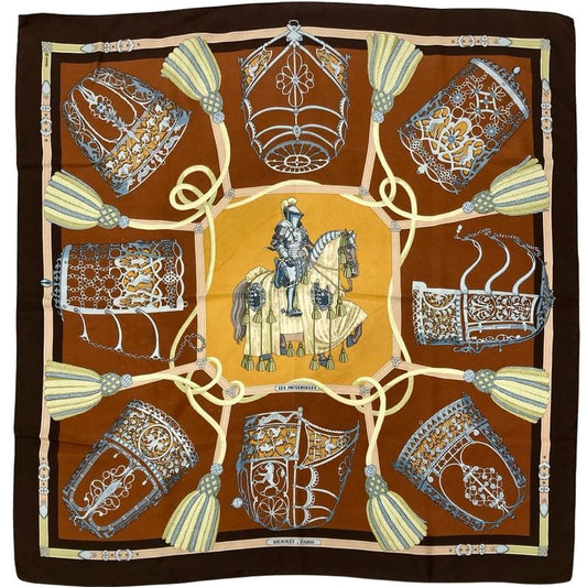 Hermes Carre 90 LES Muserolles Nose Leather Scarf Silk Brown Ladies