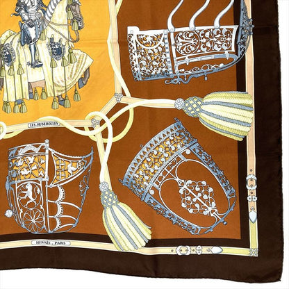 Hermes Carre 90 LES Muserolles Nose Leather Scarf Silk Brown Ladies