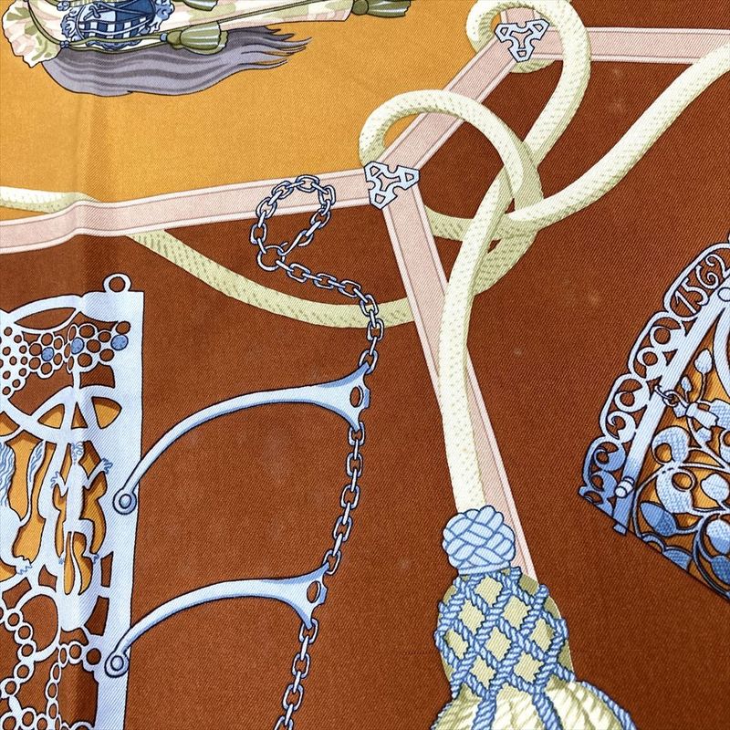 Hermes Carre 90 LES Muserolles Nose Leather Scarf Silk Brown Ladies