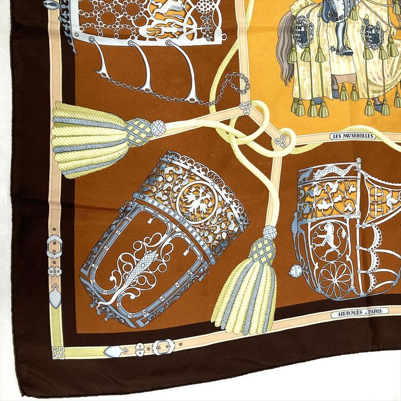 Hermes Carre 90 LES Muserolles Nose Leather Scarf Silk Brown Ladies
