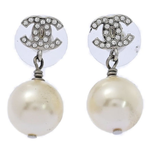 Chanel Coco Mark Rhinestone Costume Pearl Earrings / Alloy / Plating-6.6g /