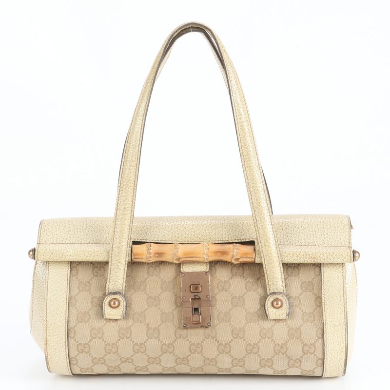 Gucci GG Canvas Bamboo Leather Tote Bag Shoulder 111713 Gold Hardware Beige