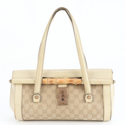 Gucci GG Canvas Bamboo Leather Tote Bag Shoulder 111713 Gold Hardware Beige