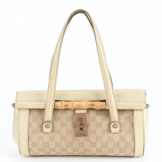 Gucci GG Canvas Bamboo Leather Tote Bag Shoulder 111713 Gold Hardware Beige