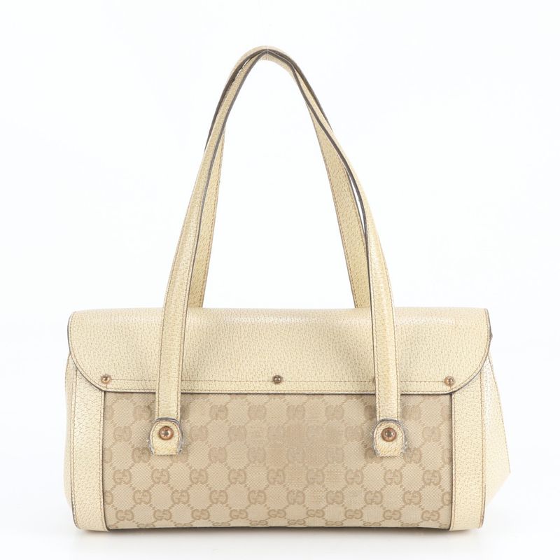 Gucci GG Canvas Bamboo Leather Tote Bag Shoulder 111713 Gold Hardware Beige