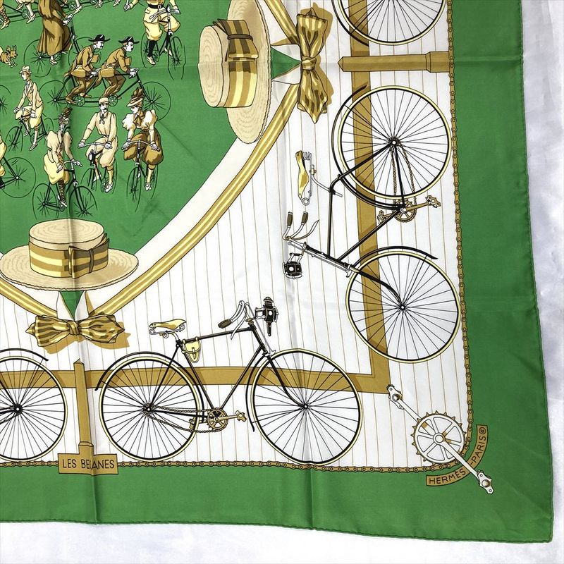 Hermes Carre 90 Bicycle LES Becanes Scarf Silk Green Ladies