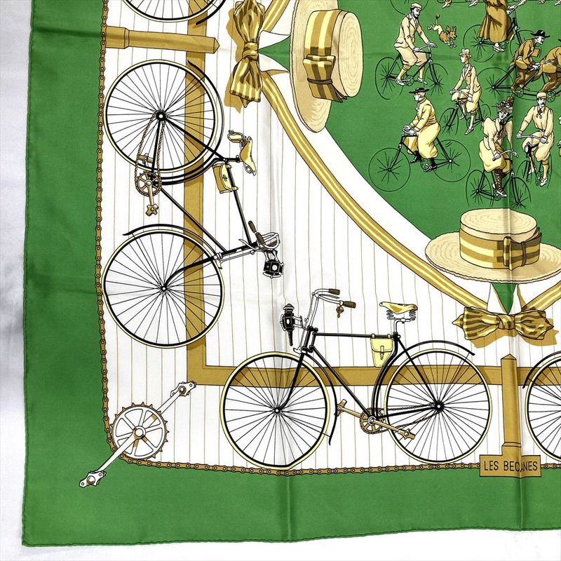 Hermes Carre 90 Bicycle LES Becanes Scarf Silk Green Ladies