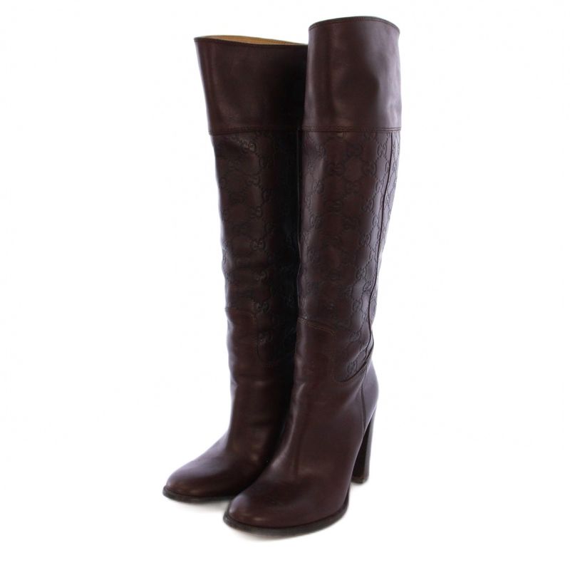 Gucci Long Boots Chunky Heel Guccissima Leather 36.5 Brown BM