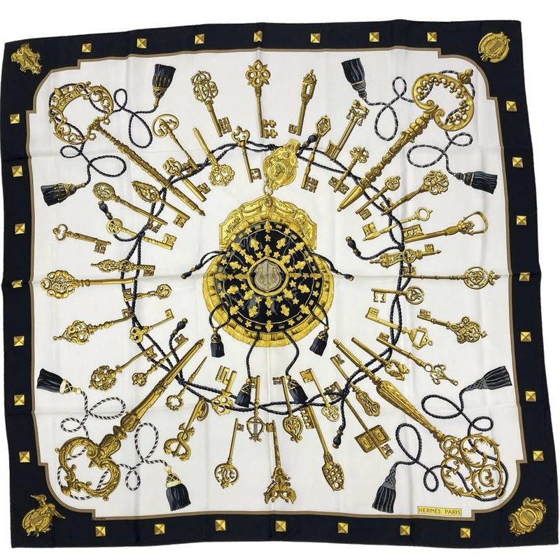 Hermes Carre 90 LES CLES Key Scarf Silk Black Women
