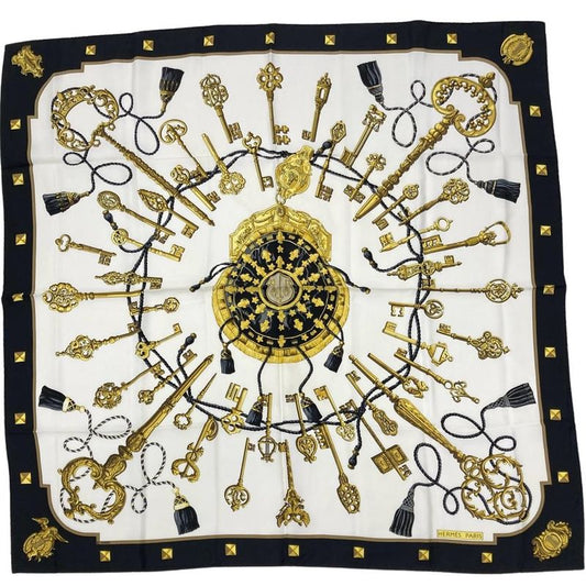 Hermes Carre 90 LES CLES Key Scarf Silk Black Women