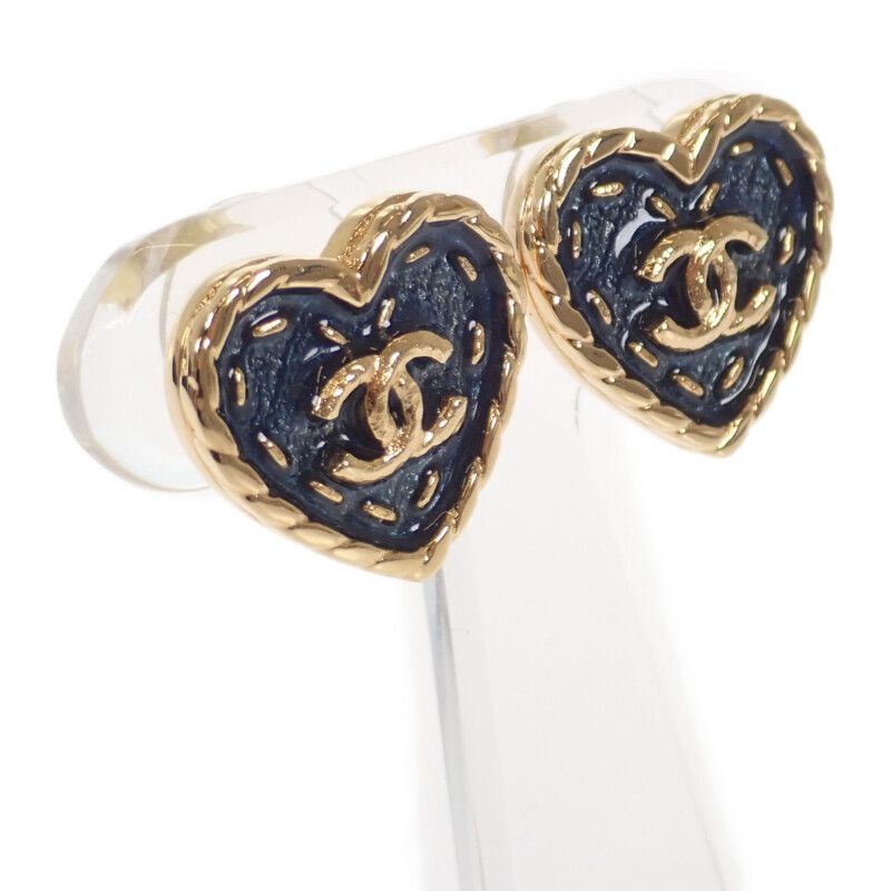 Chanel Coco Mark Heart Earrings I24P Engraved Abc742 Earrings Metal Navy Gold