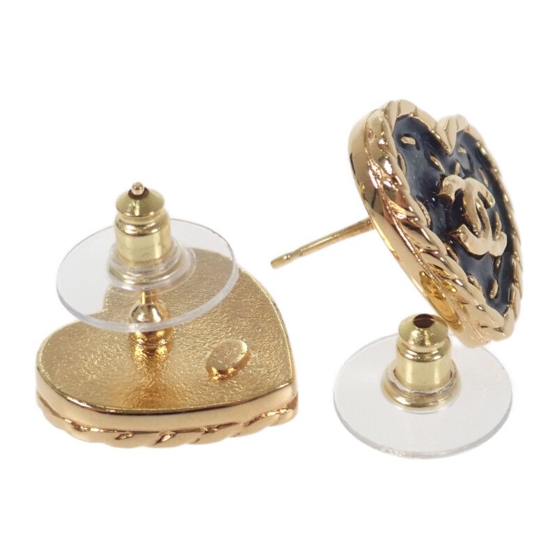 Chanel Coco Mark Heart Earrings I24P Engraved Abc742 Earrings Metal Navy Gold