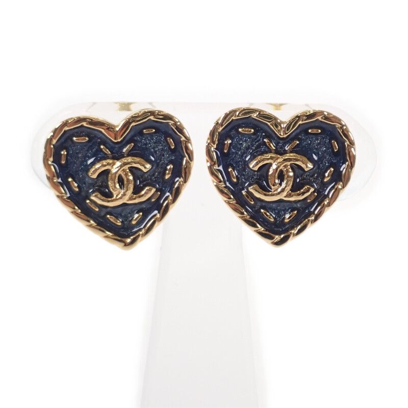 Chanel Coco Mark Heart Earrings I24P Engraved Abc742 Earrings Metal Navy Gold