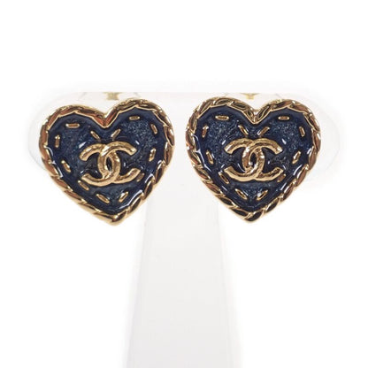 Chanel Coco Mark Heart Earrings I24P Engraved Abc742 Earrings Metal Navy Gold