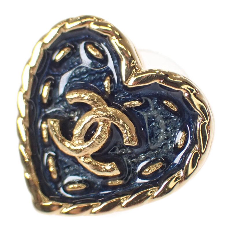 Chanel Coco Mark Heart Earrings I24P Engraved Abc742 Earrings Metal Navy Gold