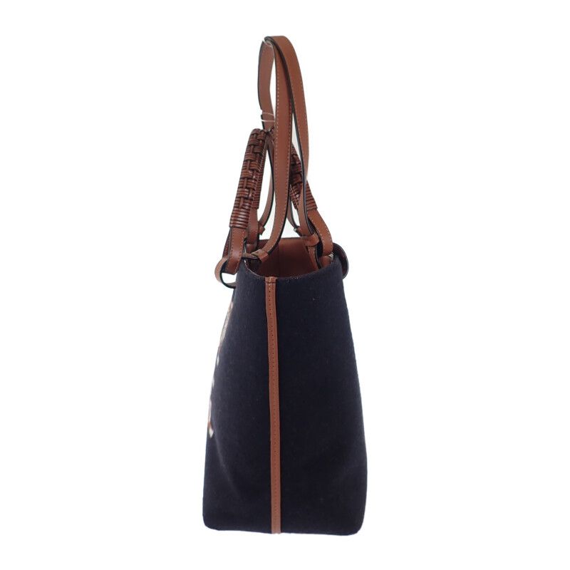 Loewe Logo Tote Small 2WAY Bag Wool Leather Navy Brown Women's [ranked A