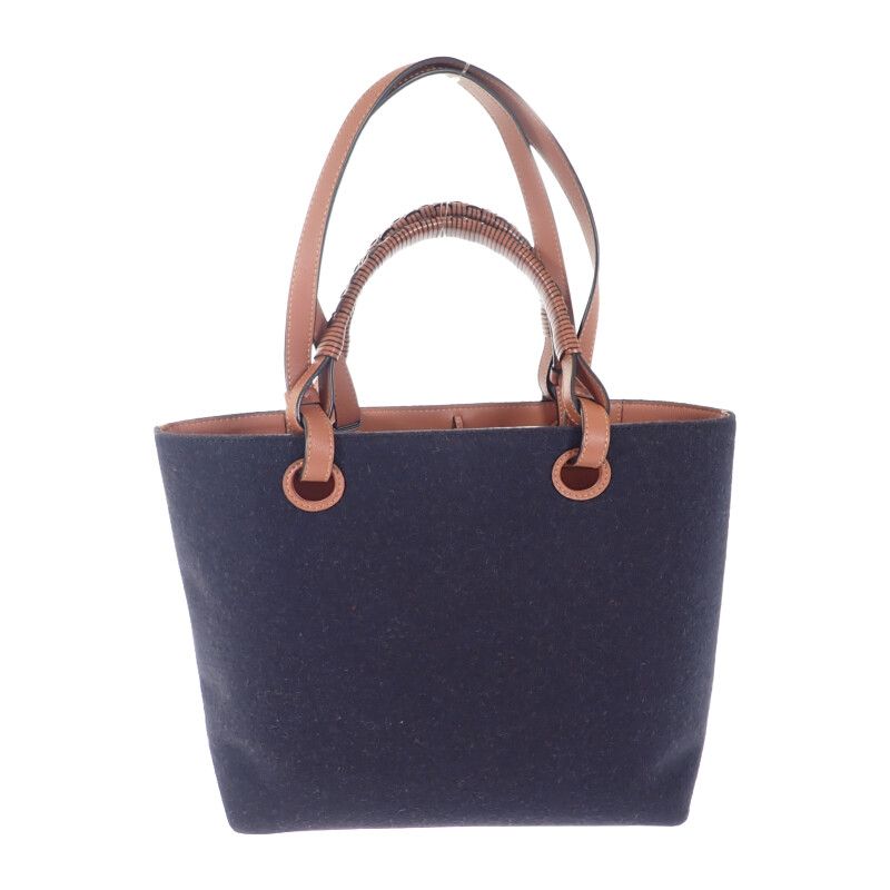 Loewe Logo Tote Small 2WAY Bag Wool Leather Navy Brown Women's [ranked A