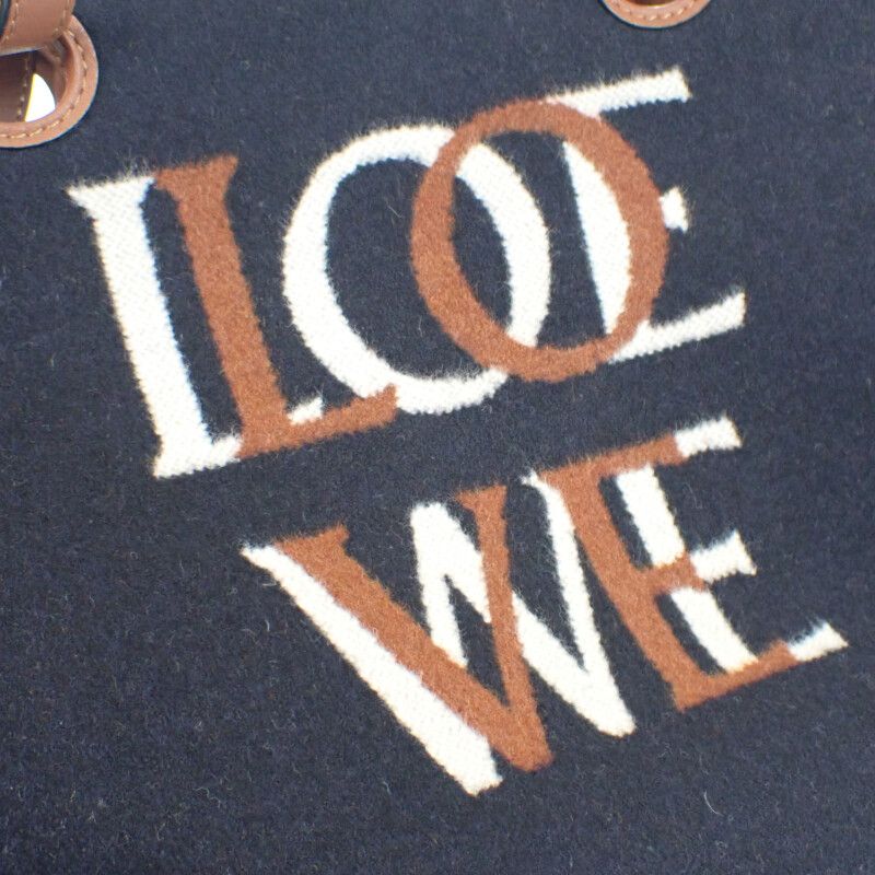Loewe Logo Tote Small 2WAY Bag Wool Leather Navy Brown Women's [ranked A