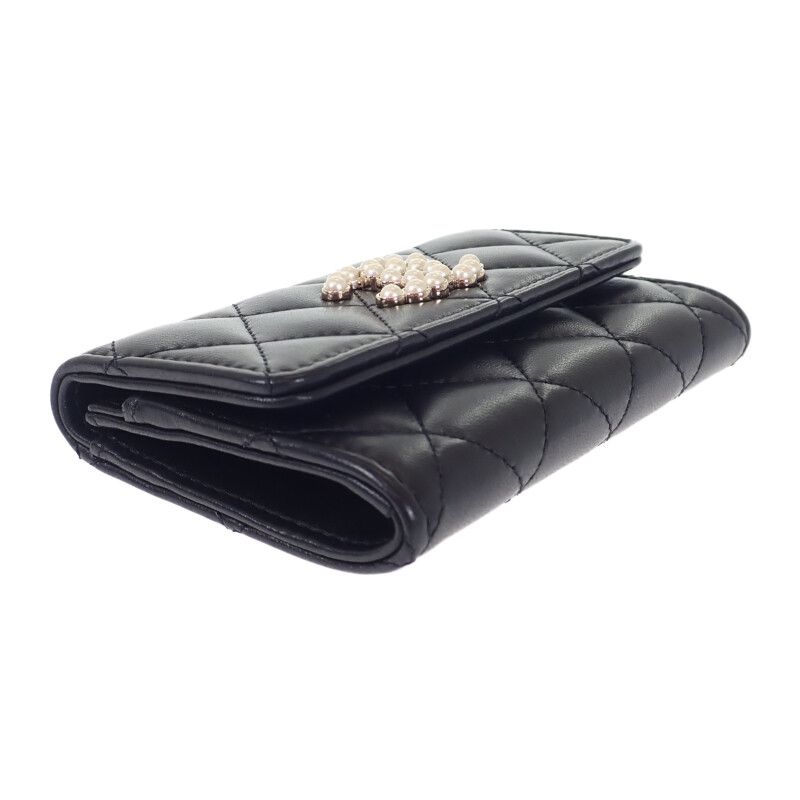 Chanel CC Pearl Flat Ap3813_b15723_94305 Card Case Lambskin Black Gold Hardware