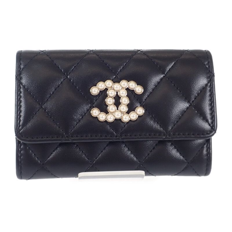 Chanel CC Pearl Flat Ap3813_b15723_94305 Card Case Lambskin Black Gold Hardware