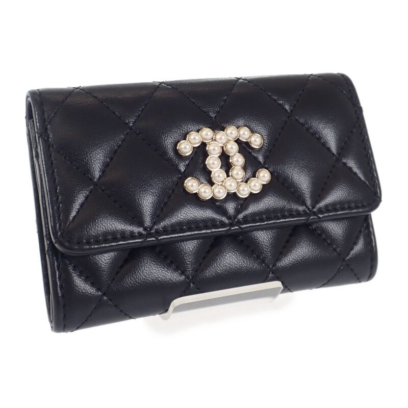 Chanel CC Pearl Flat Ap3813_b15723_94305 Card Case Lambskin Black Gold Hardware