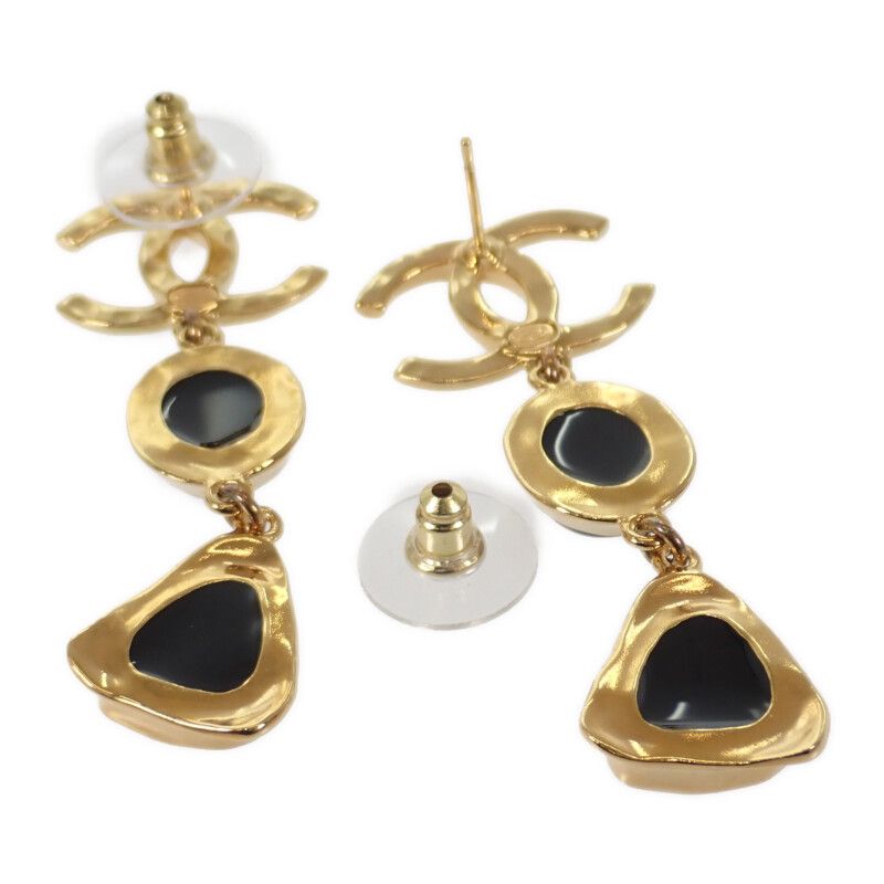 [A Rank] Chanel Coco Mark Swing Earrings Metal Gold Black L23C Engraved Gold
