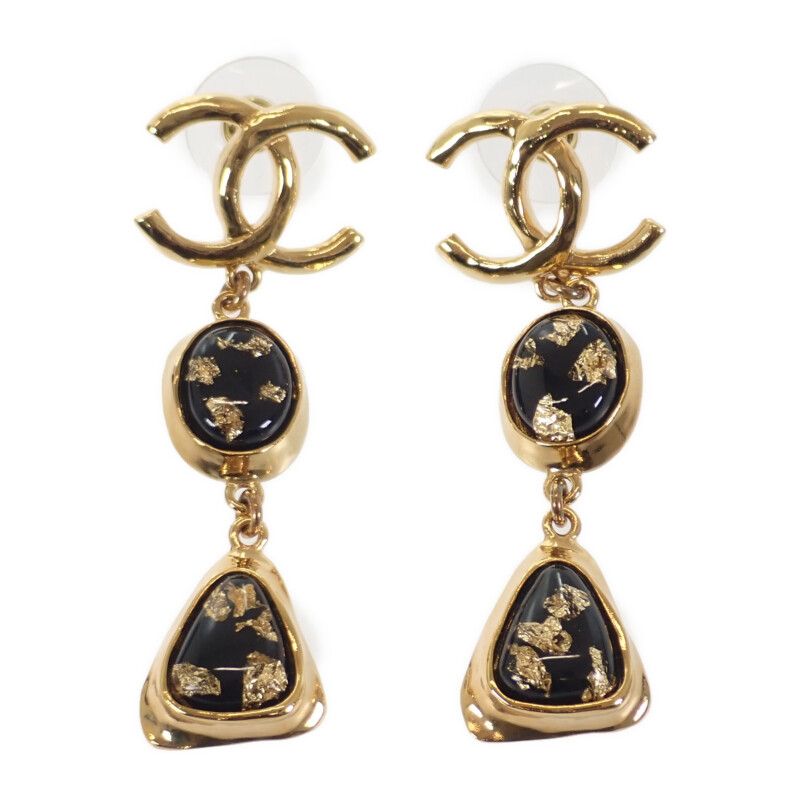[A Rank] Chanel Coco Mark Swing Earrings Metal Gold Black L23C Engraved Gold