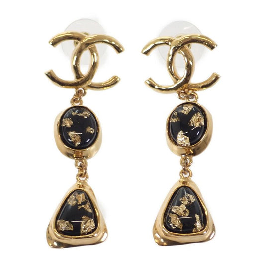 [A Rank] Chanel Coco Mark Swing Earrings Metal Gold Black L23C Engraved Gold