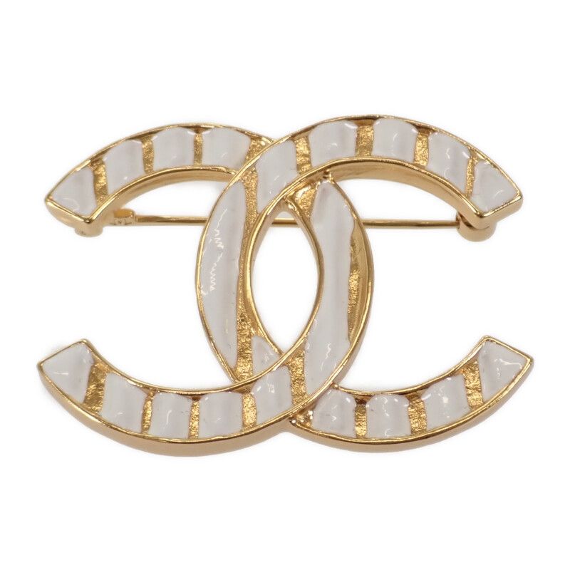Chanel Coco Mark Brooch Stripe Brooch Metal Gold White Ladies [grade A