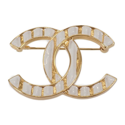 Chanel Coco Mark Brooch Stripe Brooch Metal Gold White Ladies [grade A