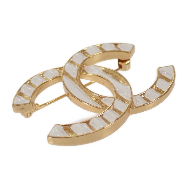 Chanel Coco Mark Brooch Stripe Brooch Metal Gold White Ladies [grade A