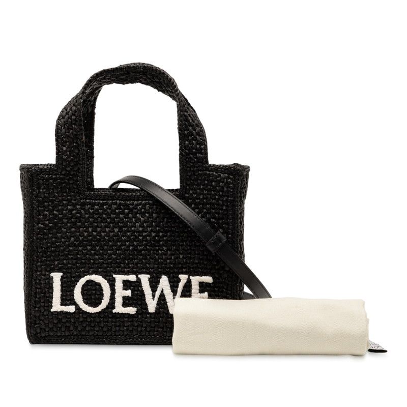Loewe Font Tote Mini Tote Shoulder Bag 2WAY Black Raffia Leather Women's Loewe