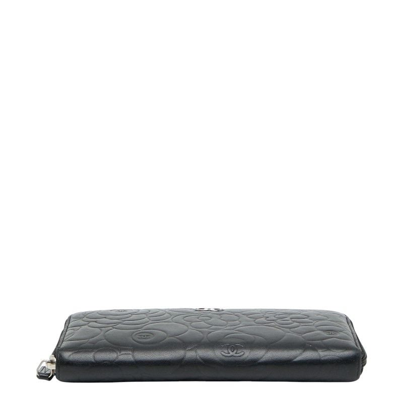 Chanel Coco Mark Camellia Round Zipper Long Wallet Black Lambskin Ladies Chanel