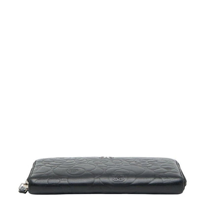 Chanel Coco Mark Camellia Round Zipper Long Wallet Black Lambskin Ladies Chanel