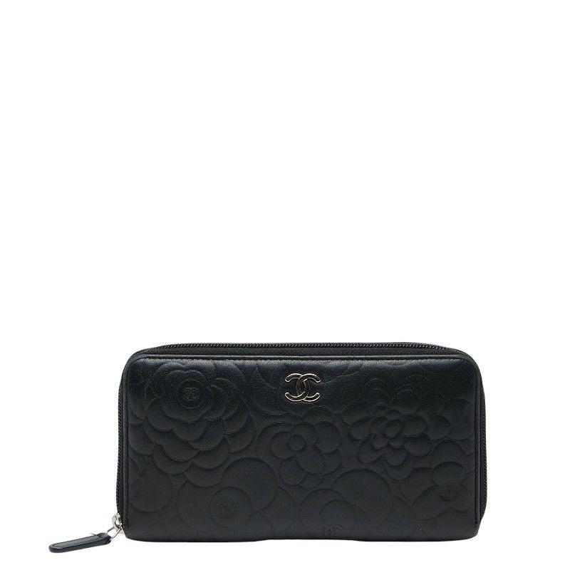 Chanel Coco Mark Camellia Round Zipper Long Wallet Black Lambskin Ladies Chanel