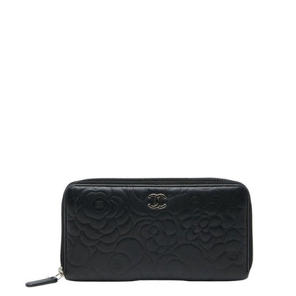 Chanel Coco Mark Camellia Round Zipper Long Wallet Black Lambskin Ladies Chanel