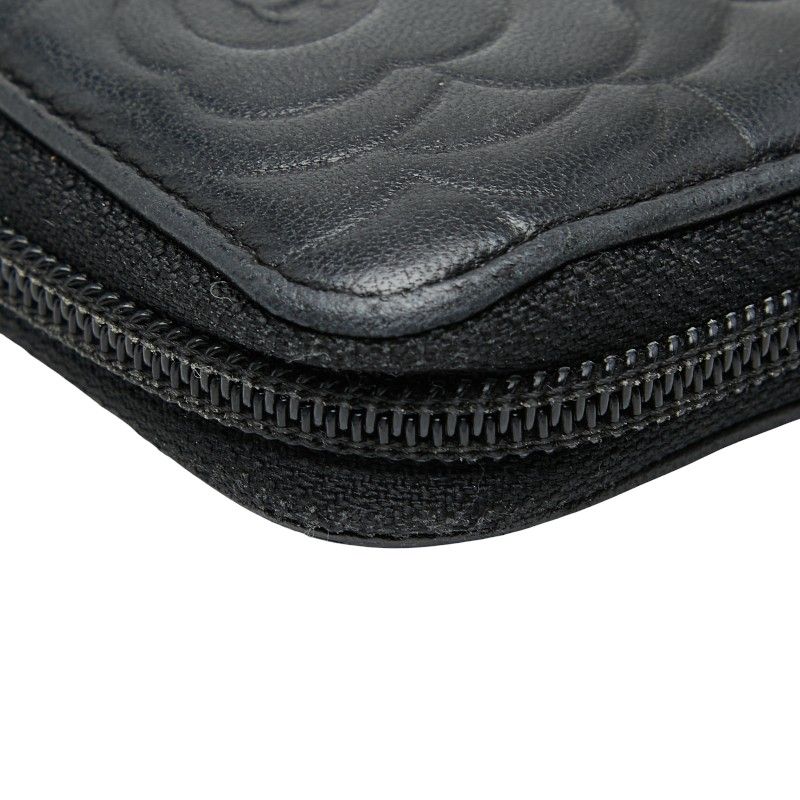 Chanel Coco Mark Camellia Round Zipper Long Wallet Black Lambskin Ladies Chanel